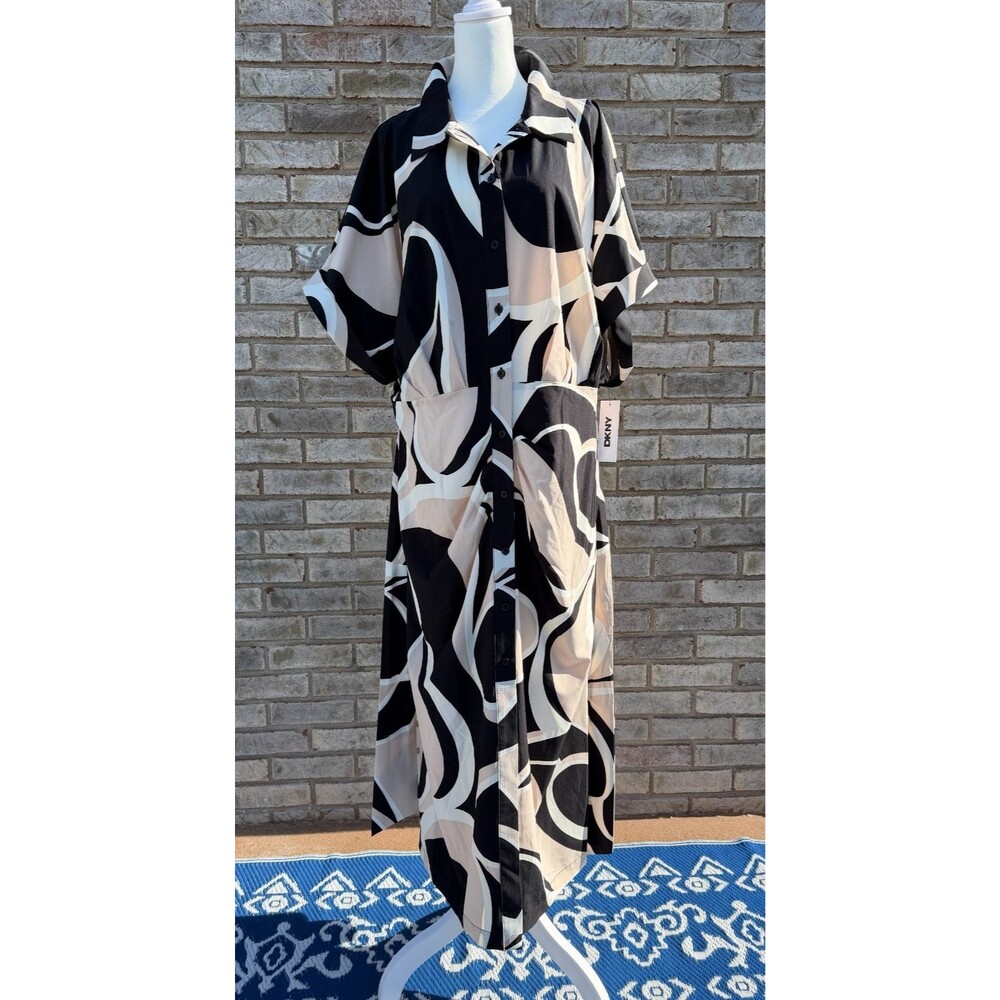 DKNY Collared Button Down Dress 20W Tie Waist Pleated Front Abstract Neutral NWT